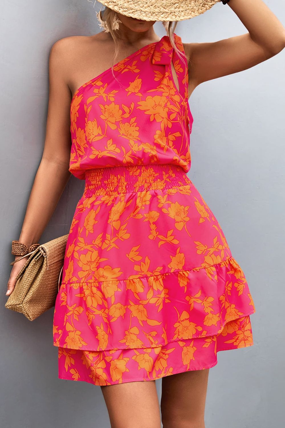 Floral Smocked Waist Tied One-Shoulder Dress - Country Club Prep