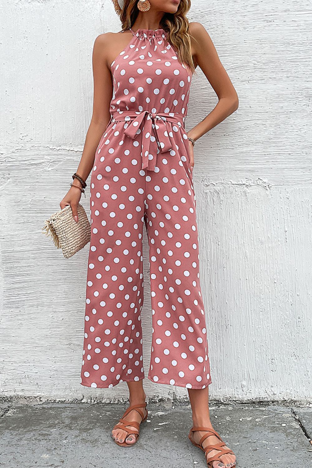 Polka Dot Grecian Wide Leg Jumpsuit - Country Club Prep