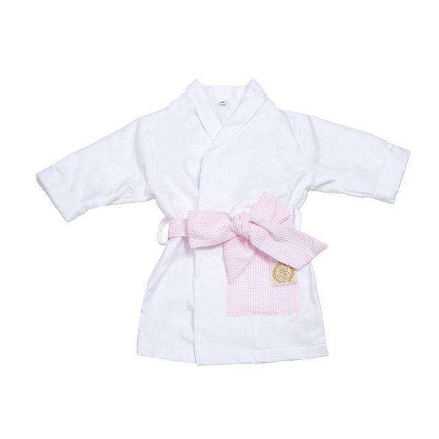 Blaylock Bathrobe in White with Pink Savannah Seersucker Detail by The Beaufort Bonnet Company - Country Club Prep