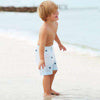 Blue Whale Embroidered Boy Swim Trunk in Blue and White Seersucker by Bella Bliss - Country Club Prep