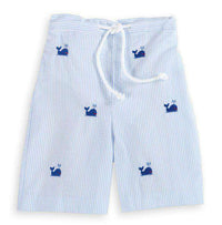 Blue Whale Embroidered Boy Swim Trunk in Blue and White Seersucker by Bella Bliss - Country Club Prep