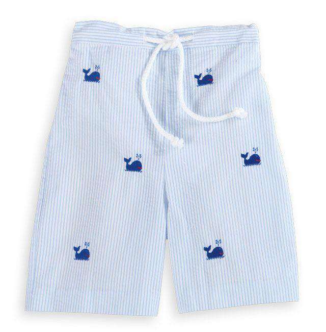 Blue Whale Embroidered Boy Swim Trunk in Blue and White Seersucker by Bella Bliss - Country Club Prep