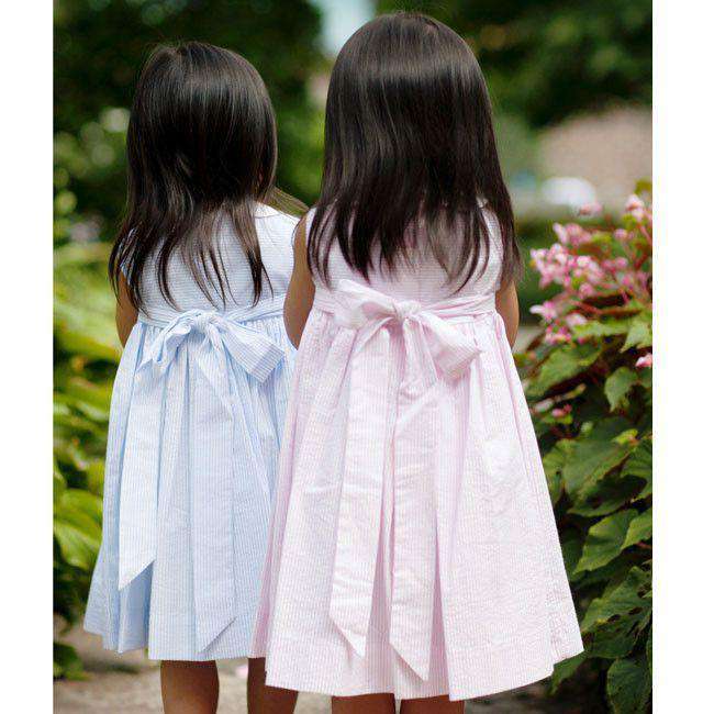Peter Pan Sundress in Blue Seersucker Stripes by Bella Bliss - Country Club Prep