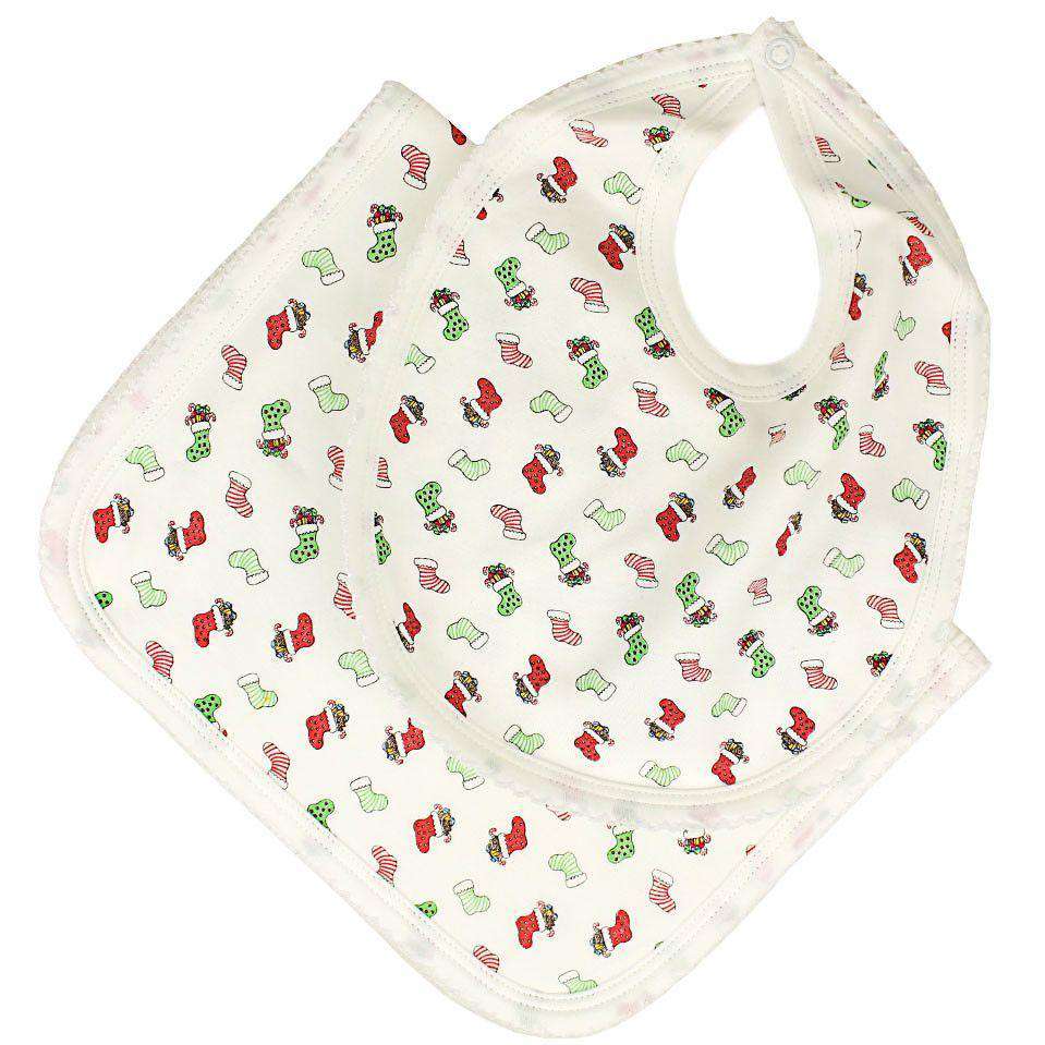 Pima Bib and Burp Set in Christmas Stockings Print by Bella Bliss - Country Club Prep
