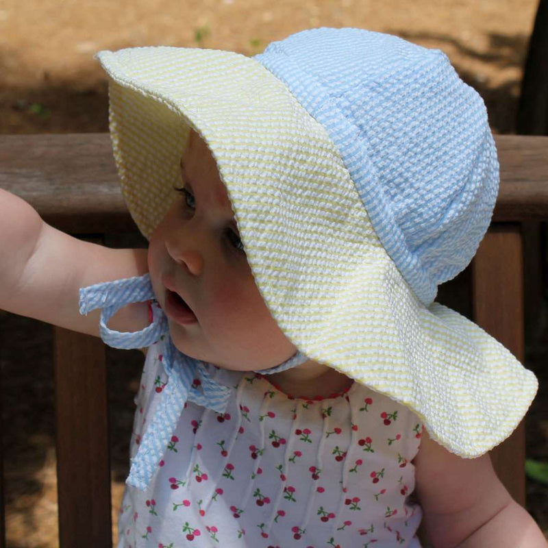 Sawyer Sun Hat in Blue and Yellow Seersucker by The Beaufort Bonnet Company - Country Club Prep