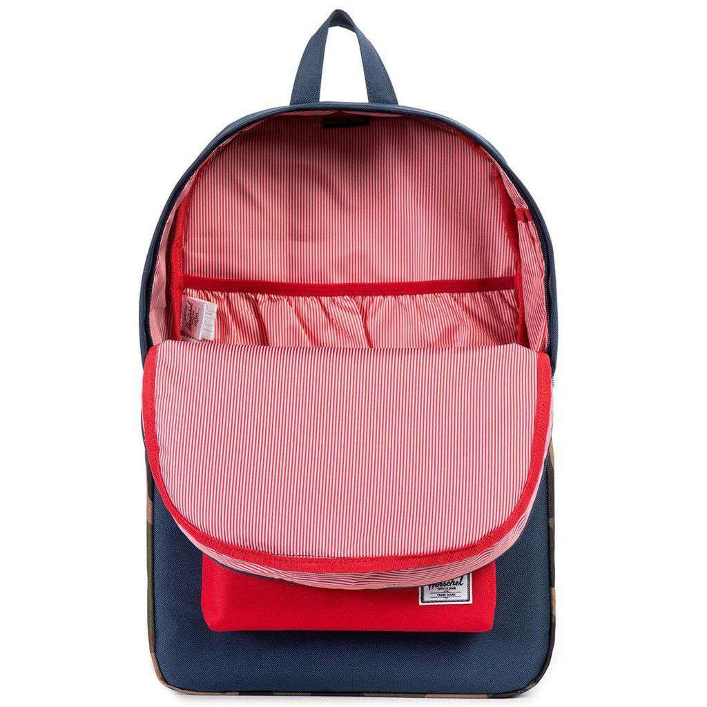 herschel backpack red with logo Herschel Heritage Backpack in Navy, Red and Woodland Camo – Country Club Prep