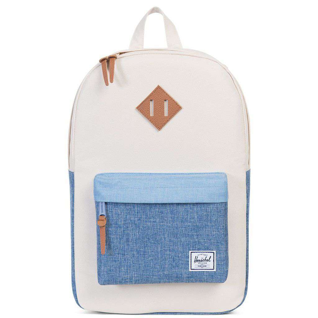 herschel backpack grey and blue stripe Herschel Heritage Mid Volume Backpack in Chambray Crosshatch – Country Club Prep