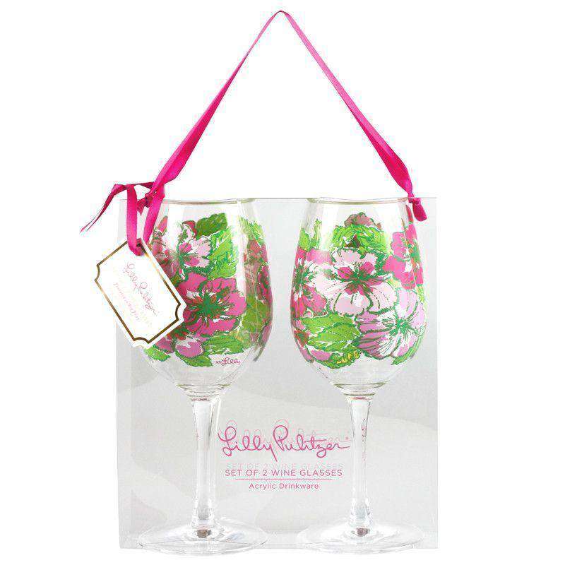 Acrylic Wine Glasses in Big Flirt by Lilly Pulitzer - Country Club Prep