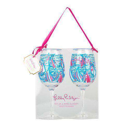 Acrylic Wine Glasses in Red Right Turn by Lilly Pulitzer - Country Club Prep