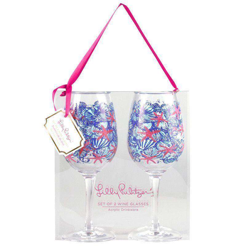 Acrylic Wine Glasses in She She Shells by Lilly Pulitzer - Country Club Prep