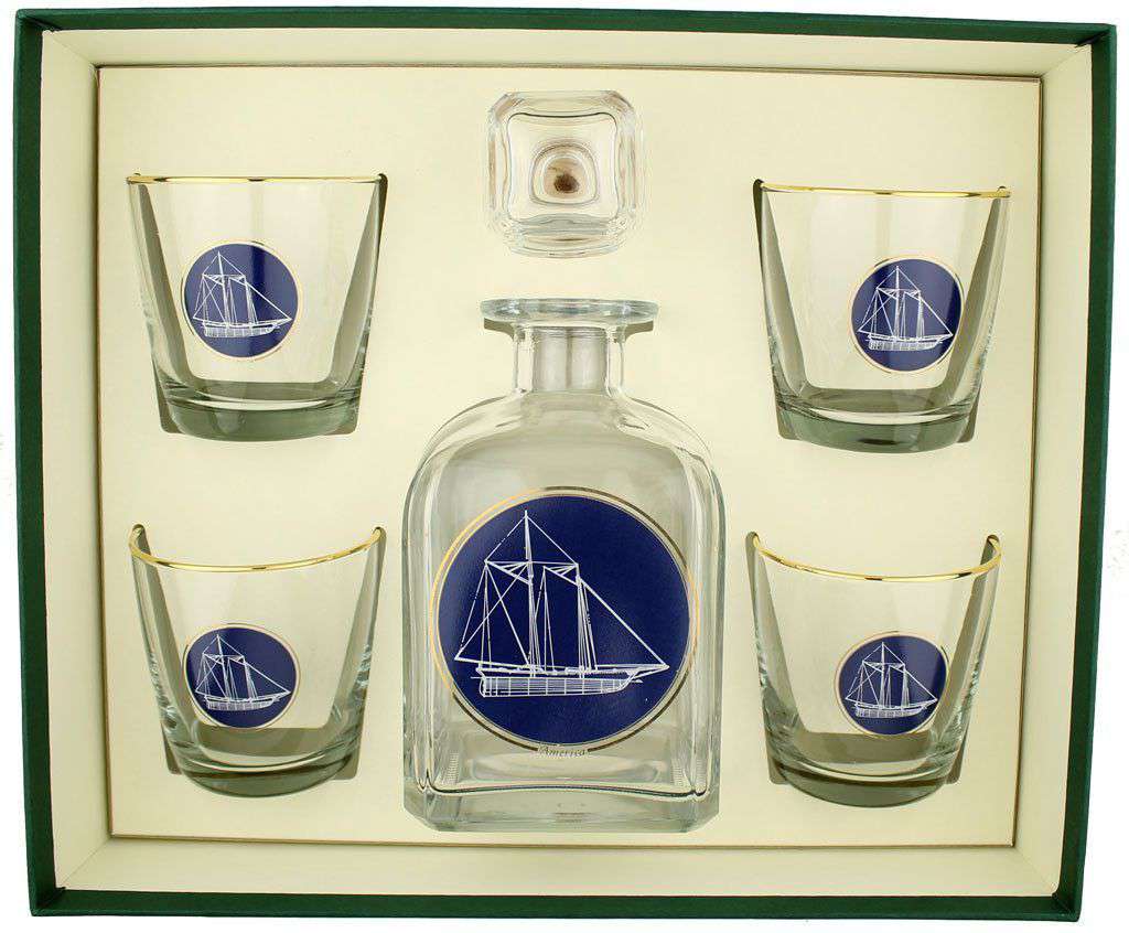America's Cup Decanter Set with Old Fashioned Glasses by Richard E. Bishop - Country Club Prep