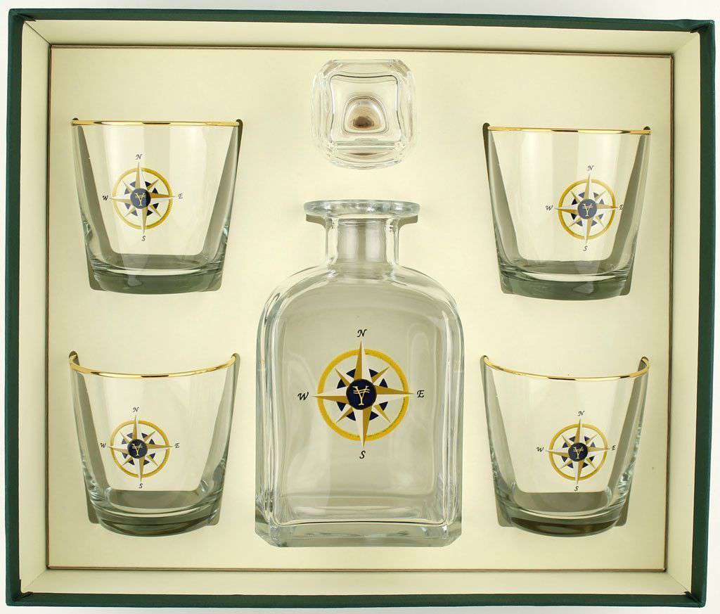 Compass Rose Decanter Set with Old Fashioned Glasses by Richard E. Bishop - Country Club Prep