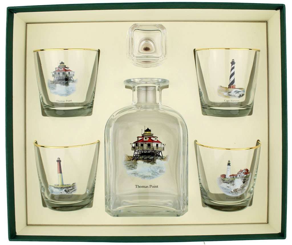 Lighthouse Decanter Set with Old Fashioned Glasses by Richard E. Bishop - Country Club Prep