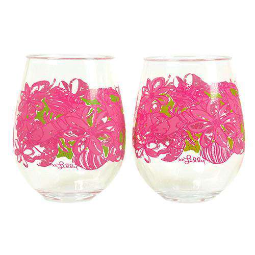Stemless Acrylic Wine Glasses in Coronado Crab by Lilly Pulitzer - Country Club Prep