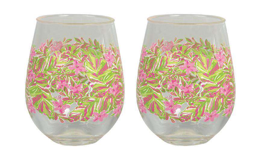 Stemless Acrylic Wine Glasses in Jungle Tumble by Lilly Pulitzer - Country Club Prep