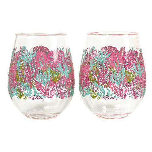 Stemless Acrylic Wine Glasses in Let's Cha Cha by Lilly Pulitzer - Country Club Prep