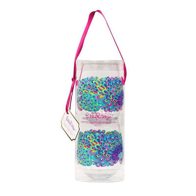 Stemless Acrylic Wine Glasses in Lilly's Lagoon by Lilly Pulitzer - Country Club Prep