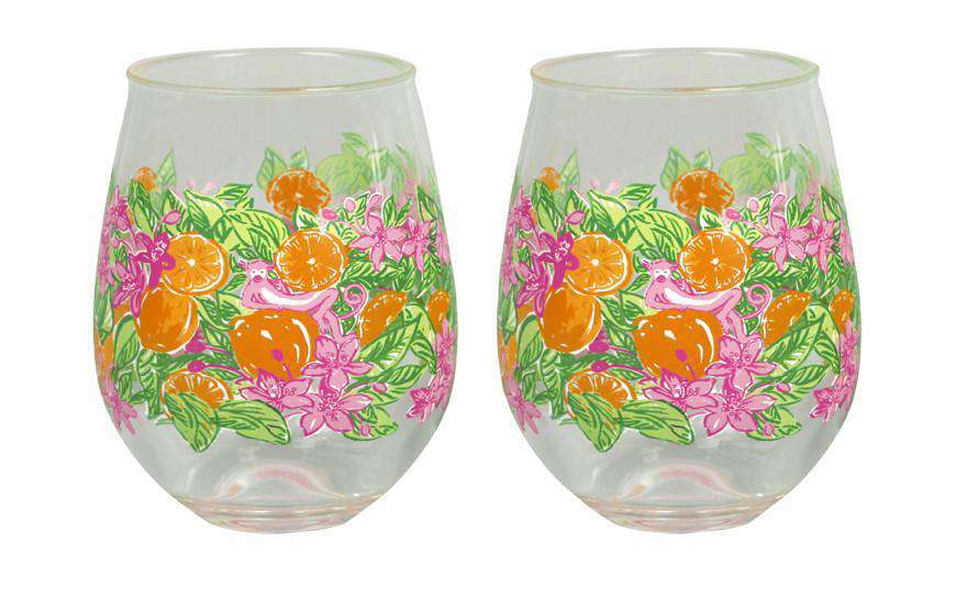 Stemless Acrylic Wine Glasses in Peelin' Out by Lilly Pulitzer - Country Club Prep