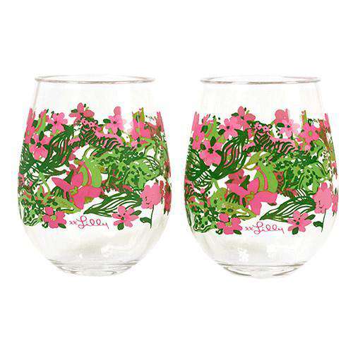 Stemless Acrylic Wine Glasses in Tiger Lilly by Lilly Pulitzer - Country Club Prep