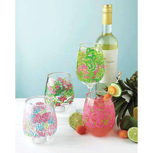 Stemless Acrylic Wine Glasses in Tiger Lilly by Lilly Pulitzer - Country Club Prep