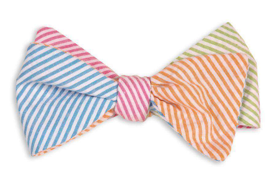 Boater Seersucker Four Way Bow Tie in Blue, Pink, Green and Orange Seersucker by High Cotton - Country Club Prep