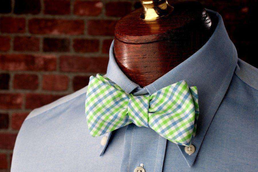Cornflower and Mint Green Tattersall Bow Tie in Blue and Green by High Cotton - Country Club Prep