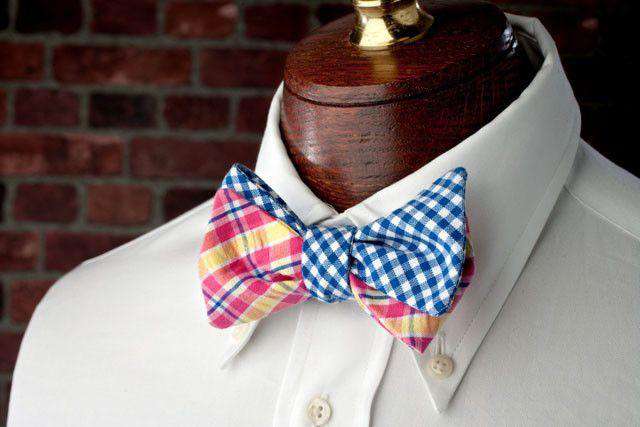 Flying Scot Reversible Bow Tie in Blue and Yellow/Pink Madras by High Cotton - Country Club Prep