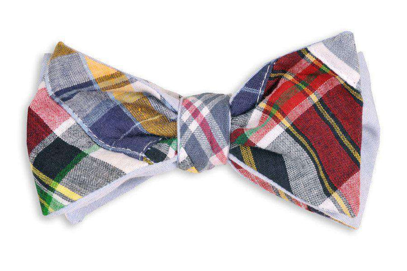 Honey Fitz Patchwork Madras Reversible Bow Tie in Patchwork Madras and Blue Oxford by High Cotton - Country Club Prep