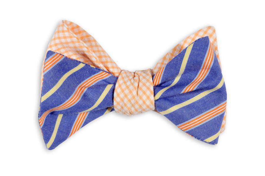 Orange Sunfish Reversible Bow Tie in Orange Seersucker and Blue/Purple Stripe by High Cotton - Country Club Prep