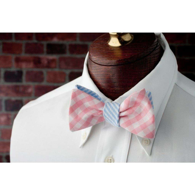 Pale Pink and Classic Blue Seersucker Stripe Reversible Bow Tie by High Cotton - Country Club Prep