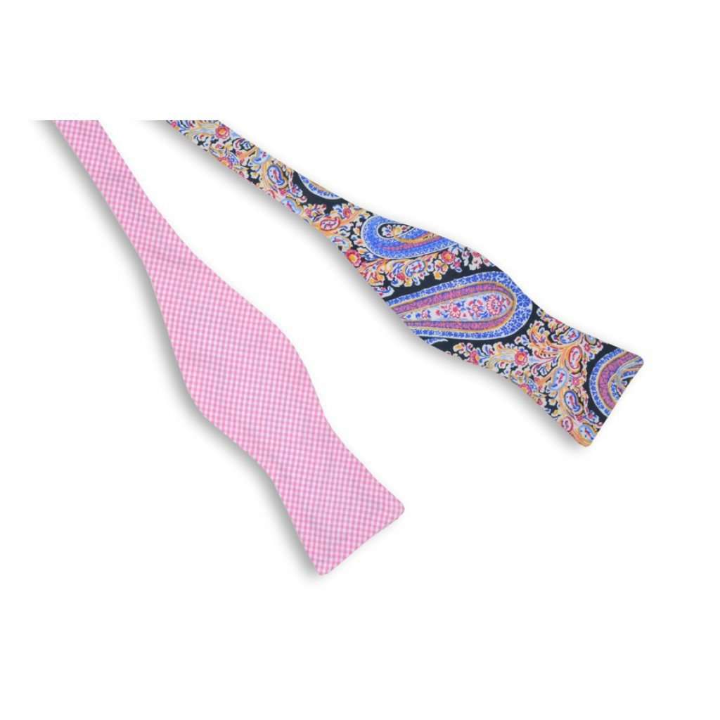 Pimm's Paisley Reversible Bow Tie in Navy Pimm's Paisley and Pink Gingham Check by High Cotton - Country Club Prep