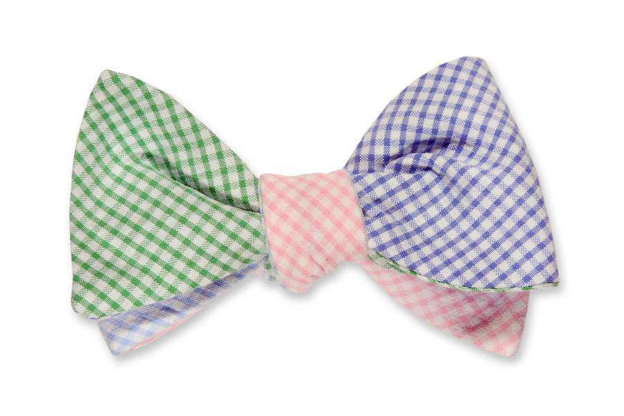 Sawyer Four Way Seersucker Gingham Bow Tie in Blue, Green, Light Blue, and Pink by High Cotton - Country Club Prep