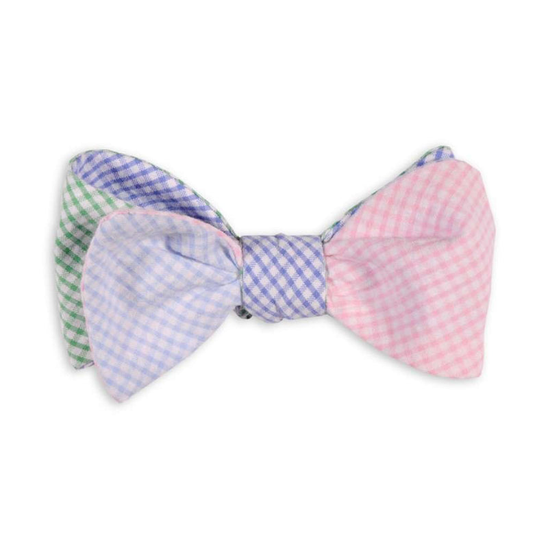 Sawyer Four Way Seersucker Gingham Bow Tie in Blue, Green, Light Blue, and Pink by High Cotton - Country Club Prep