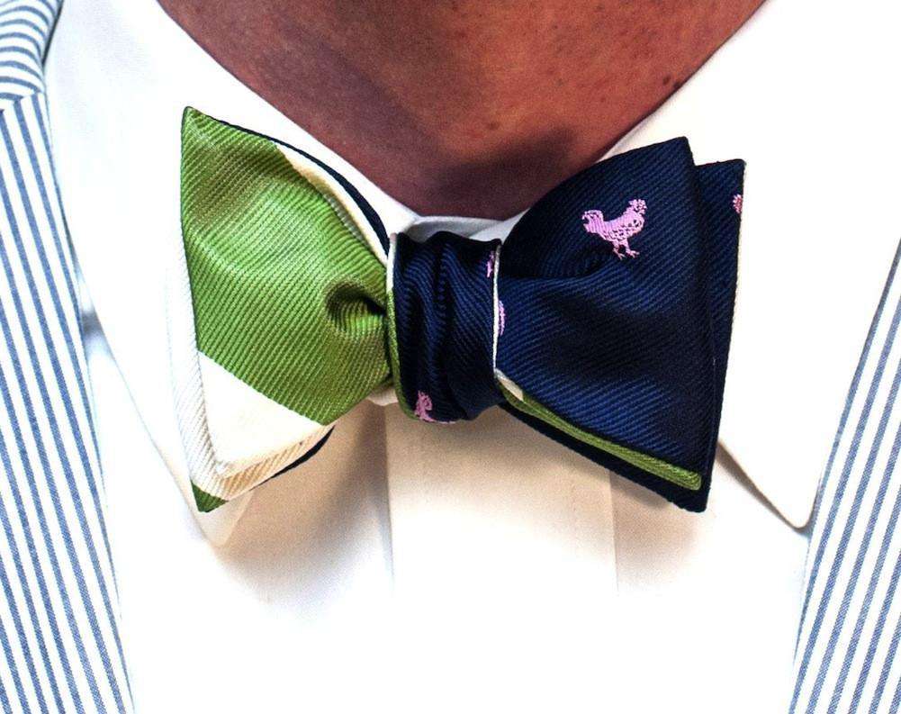 Straw Boater Reversible Bow Tie in Navy with Pink Rooster and Green and White Stripes by Social Primer - Country Club Prep