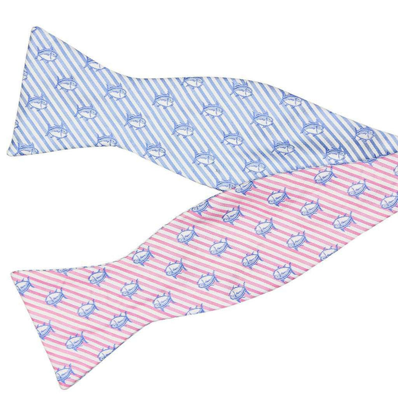 Two Color Skipjack Seersucker Bow Tie in Pink and Ocean Channel by Southern Tide - Country Club Prep