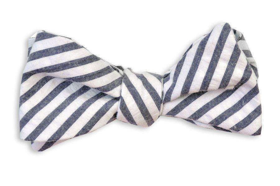 Wide Navy Blue Seersucker Stripe Bow Tie by High Cotton - Country Club Prep