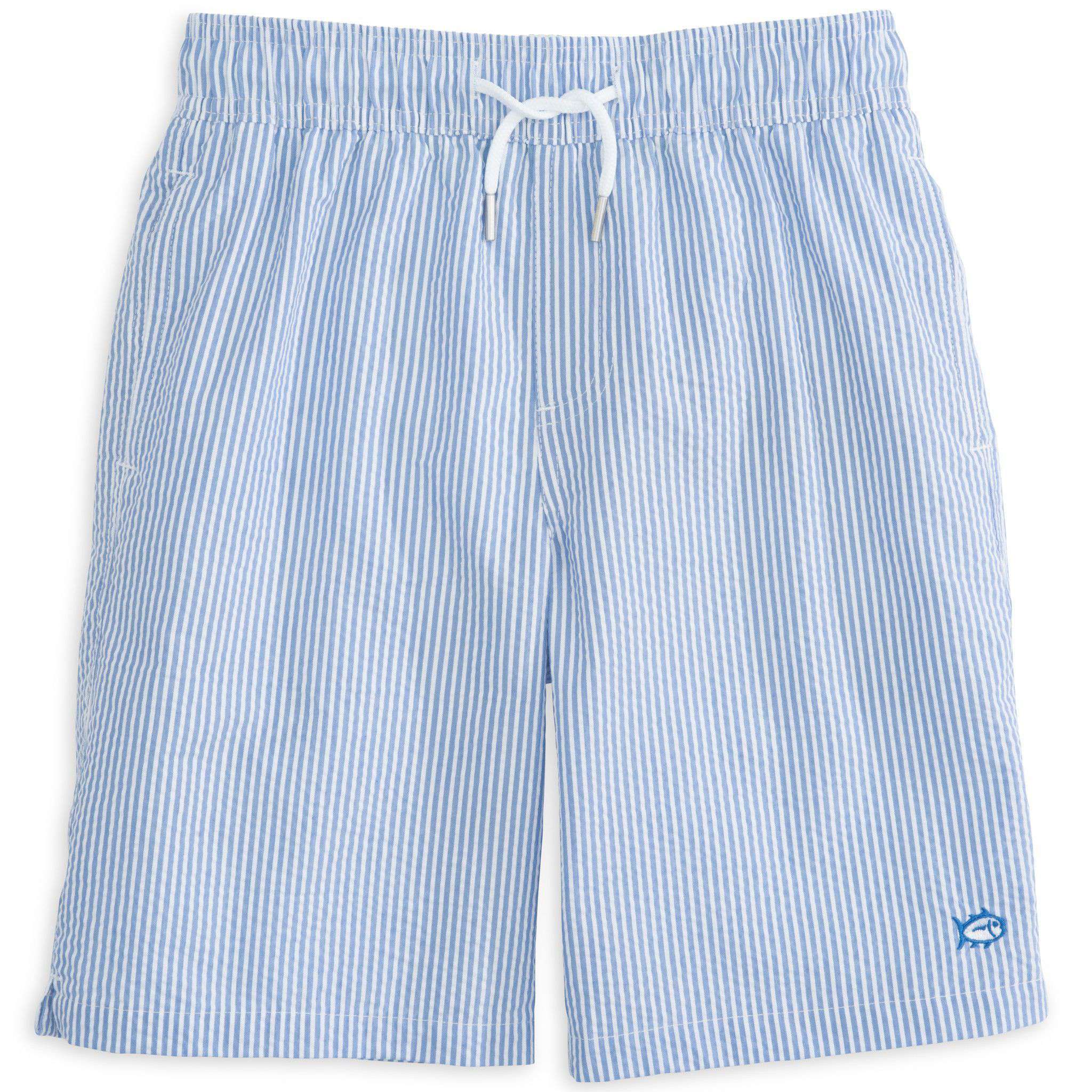 Southern Tide Boy's Seersucker Swim Trunk in Blue – Country Club Prep