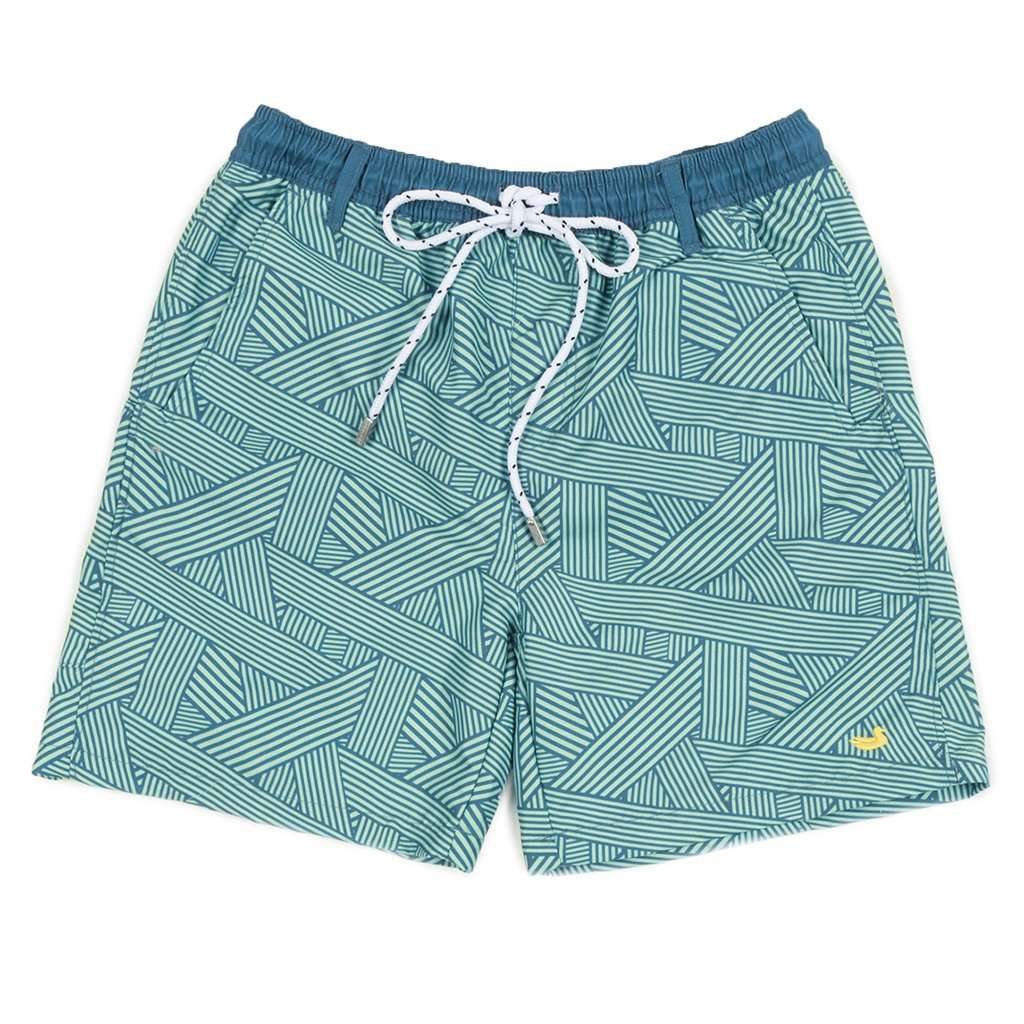 YOUTH Fractured Lines Dockside Swim Trunk in Slate & Mint by Southern Marsh - Country Club Prep