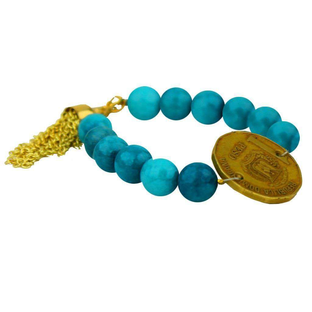 Beaded Bracelet with Coin and Gold Tassel in Mediterranean Blue by Bourbon and Bowties - Country Club Prep