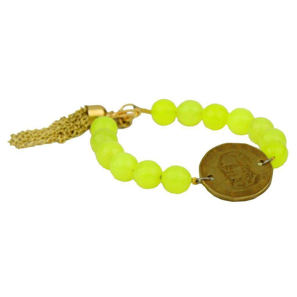 Beaded Bracelet with Coin and Gold Tassel in Neon Lime Yellow by Bourbon and Bowties - Country Club Prep