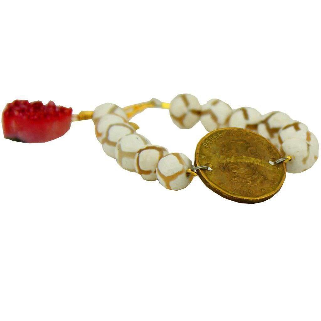 Beaded Bracelet with Coin and Red Stone in White and Clear by Bourbon and Bowties - Country Club Prep