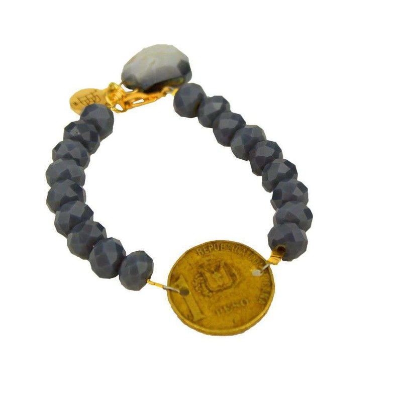 Beaded Bracelet with Coin and Stone in Jet Grey by Bourbon and Boweties - Country Club Prep