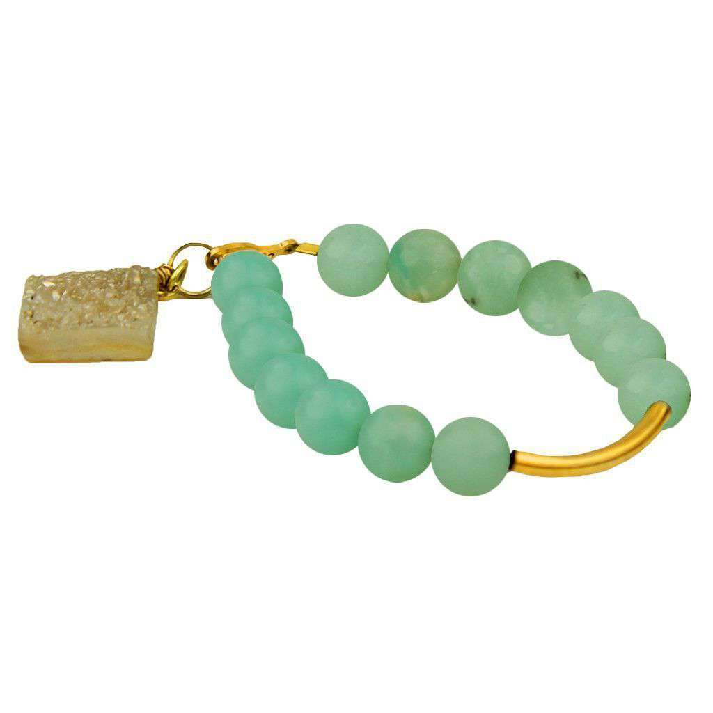 Beaded Bracelet with Gold Bar and Clear Stone in Turquoise by Bourbon and Bowties - Country Club Prep