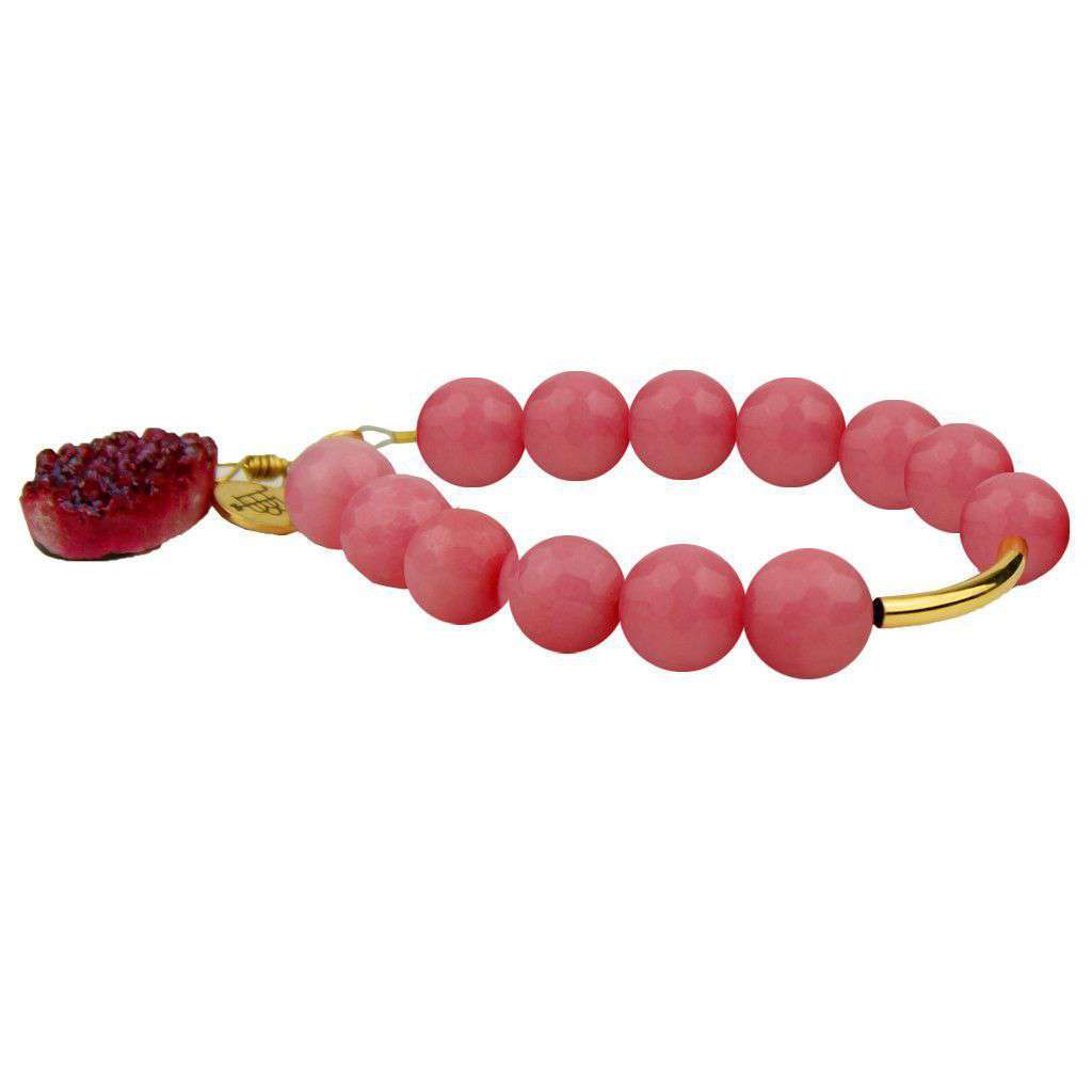 Beaded Bracelet with Gold Bar and Dark Fuchsia Stone in Light Pink by Bourbon and Bowties - Country Club Prep