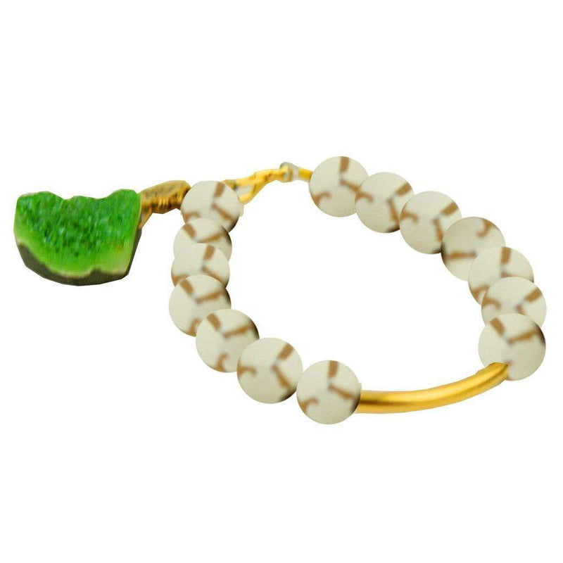 Beaded Bracelet with Gold Bar and Green Stone in White and Clear by Bourbon and Bowties - Country Club Prep