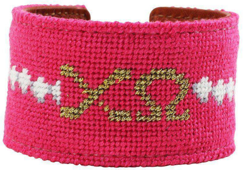 Chi Omega Needlepoint Cuff Bracelet in Fuchsia by York Designs - Country Club Prep