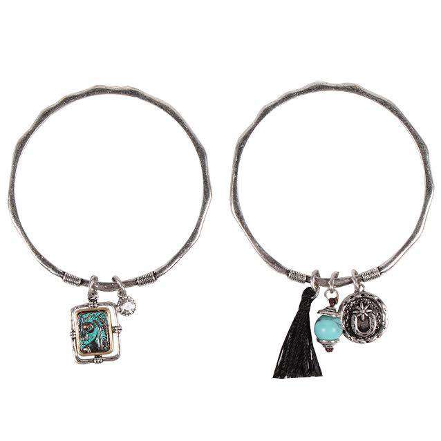 Horse Shoe Charm Bangle Set in Antique Silver by Country Club Prep - Country Club Prep