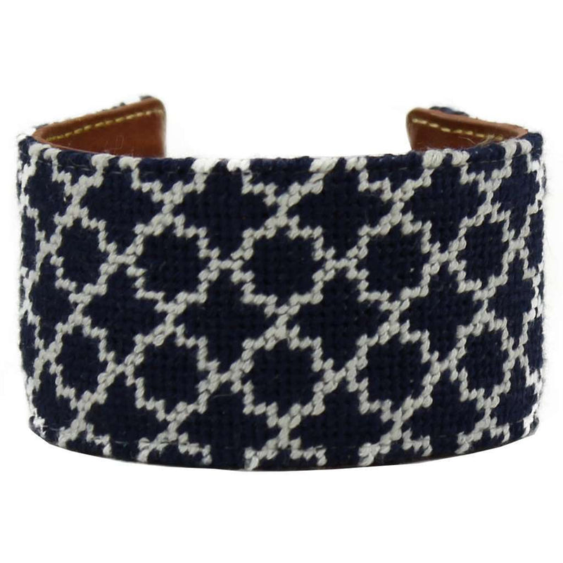 Navy and White Quatrafoil Needlepoint Cuff Bracelet by York Designs - Country Club Prep