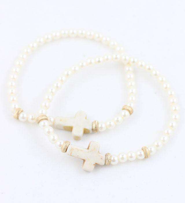 Pearl and Natural Cross Stretch Bracelet by Caroline Hill - Country Club Prep