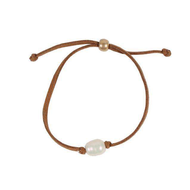 Pearl Leather Bracelet in Light Brown by Country Club Prep - Country Club Prep